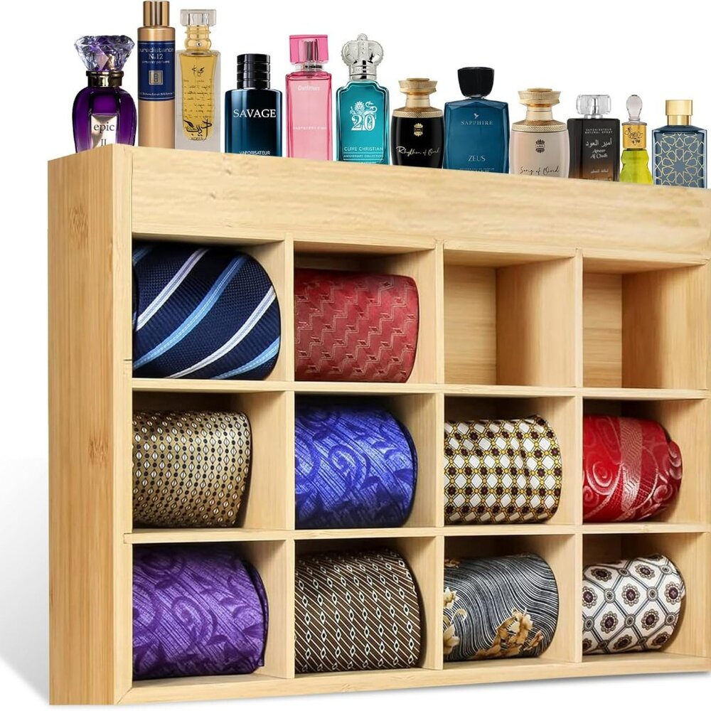 Wall Mounted Bamboo Tie Organizer & Perfume Holder Wall Mounted Tie Rack